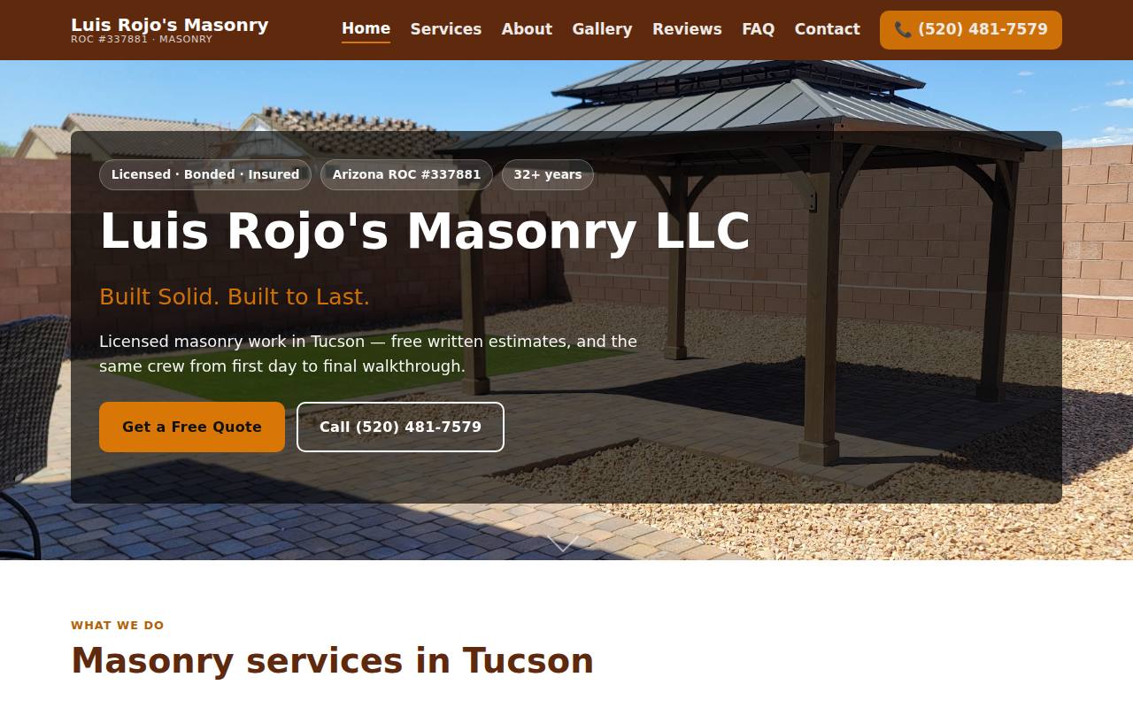 Luis Rojo's Masonry homepage: hero with ROC #337881 badge, free-quote button and click-to-call